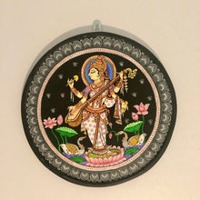 Load image into Gallery viewer, Handcrafted Natural Solid Wood Wall Hanging Plate for home decor, wedding, housewarming gifts of Goddess Saraswati in Pattachitra Wood Art