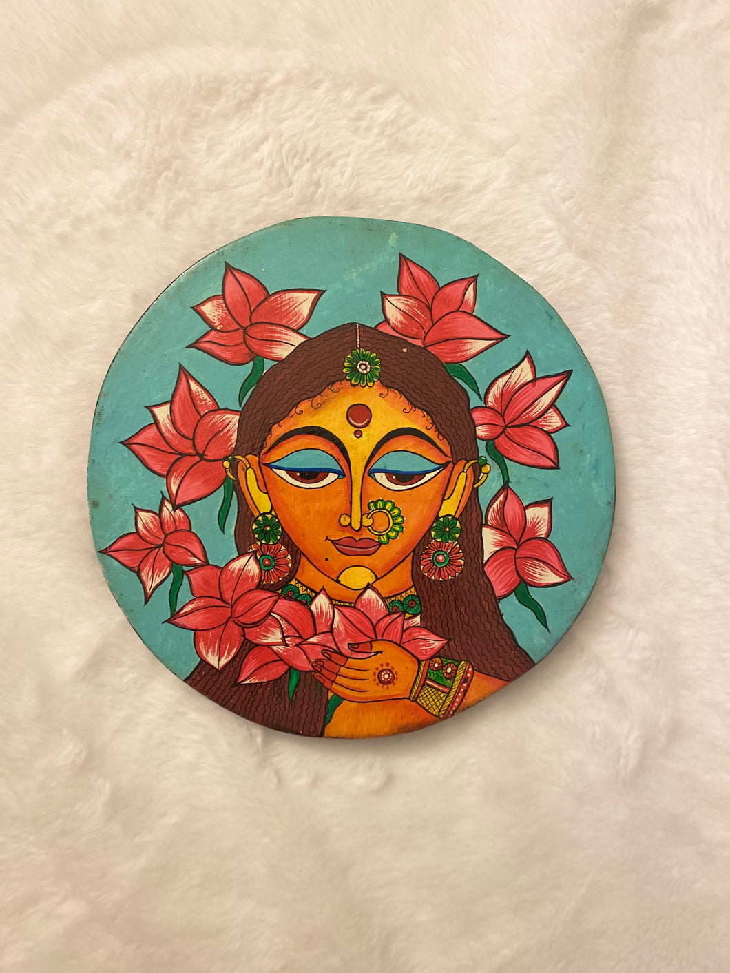 Handcrafted Hand painted Natural Solid Wood Wall Hanging Plate for home decor, wedding gift, housewarming gift of The Lotus Woman in wood art