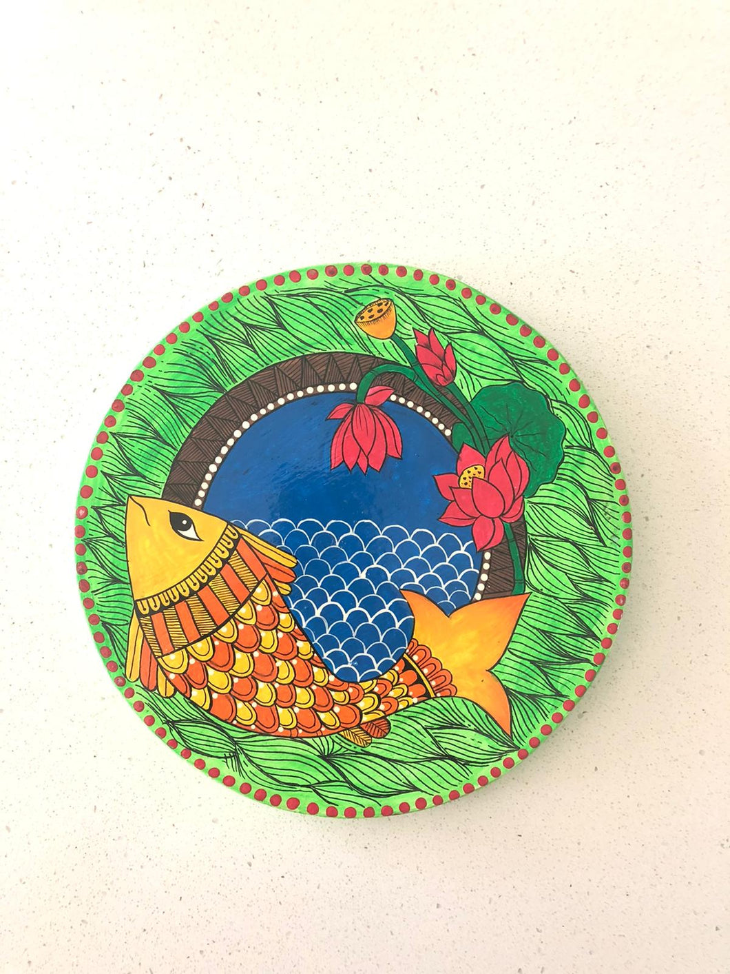 Handcrafted Natural Solid Wood Wall Hanging Plate for home decor, wedding gifts, housewarming gifts, general gift of Gold Fish in Madhubani