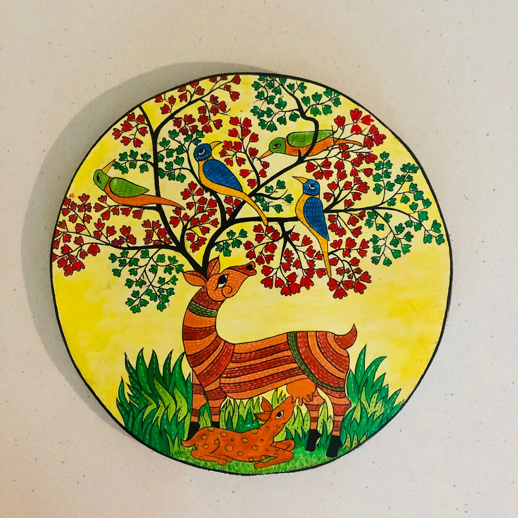 Handcrafted Natural Solid Wood Wall Hanging Plate for home decor, wedding, housewarming gifts of Deer Calf in Madhubani Wall Plate