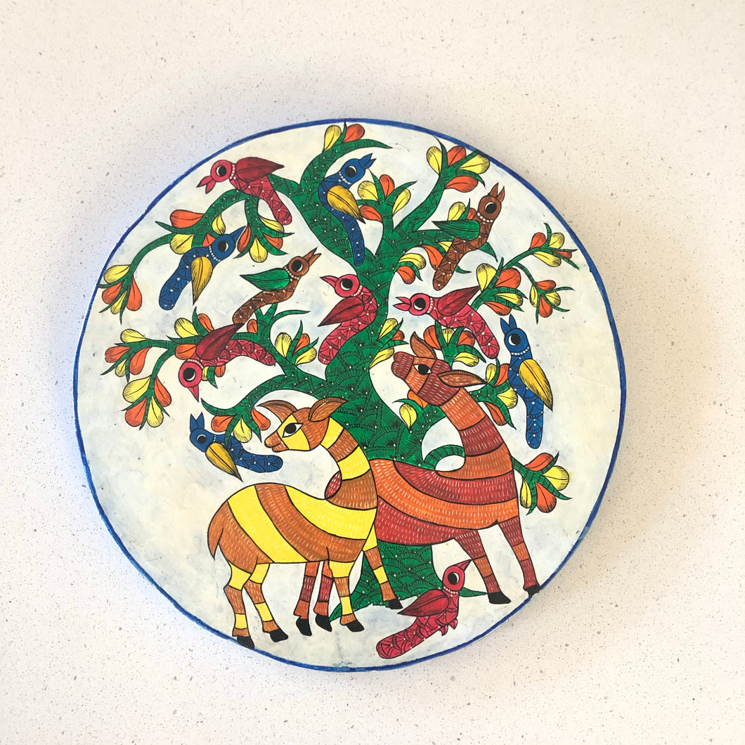 Handcrafted Natural Solid Wood Wall Hanging Plate for home decor, wedding, housewarming gifts of Deer Duo in Madhubani Wall Plate
