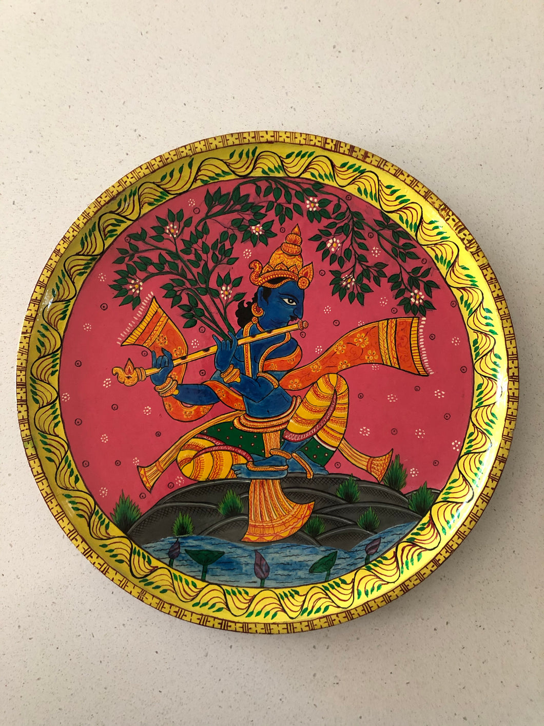 Handcrafted Hand painted Natural Solid Wood Wall Hanging Plate for home decor, wedding, housewarming, gift of Hermit Krishna in wood art